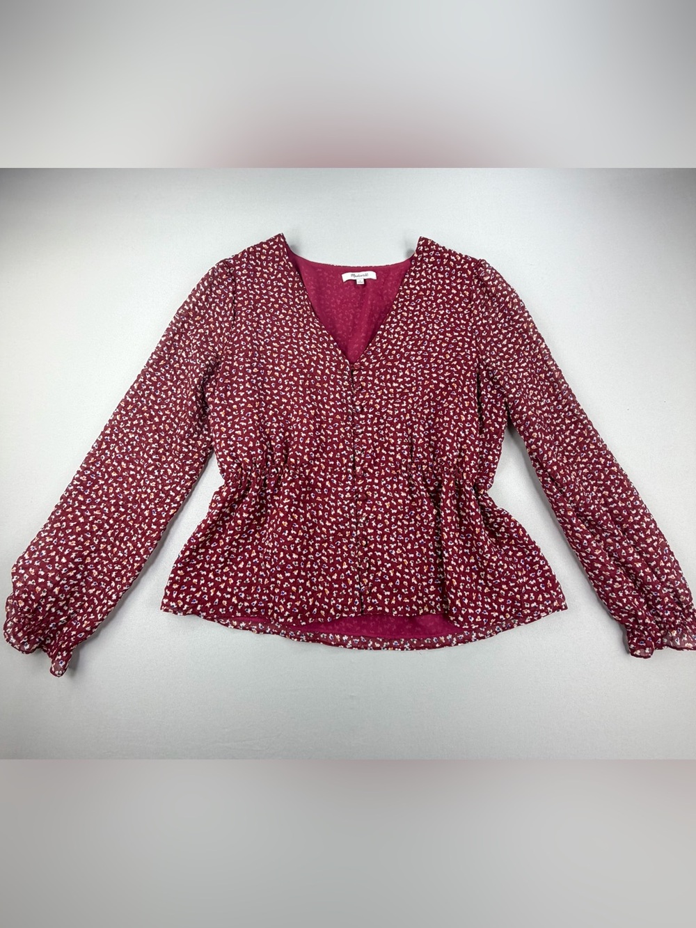 Madewell Floral Peplum Blouse Small Red Button Front Long Sleeve Boho